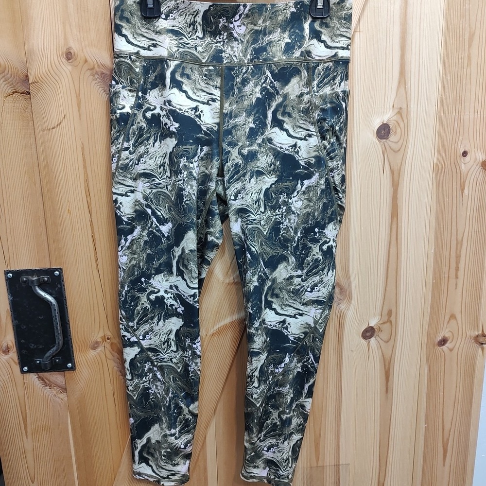 FLX Leggings Joggers Olive Pink Marbled Camo Women's Sz Large High Waist‎ Pocket